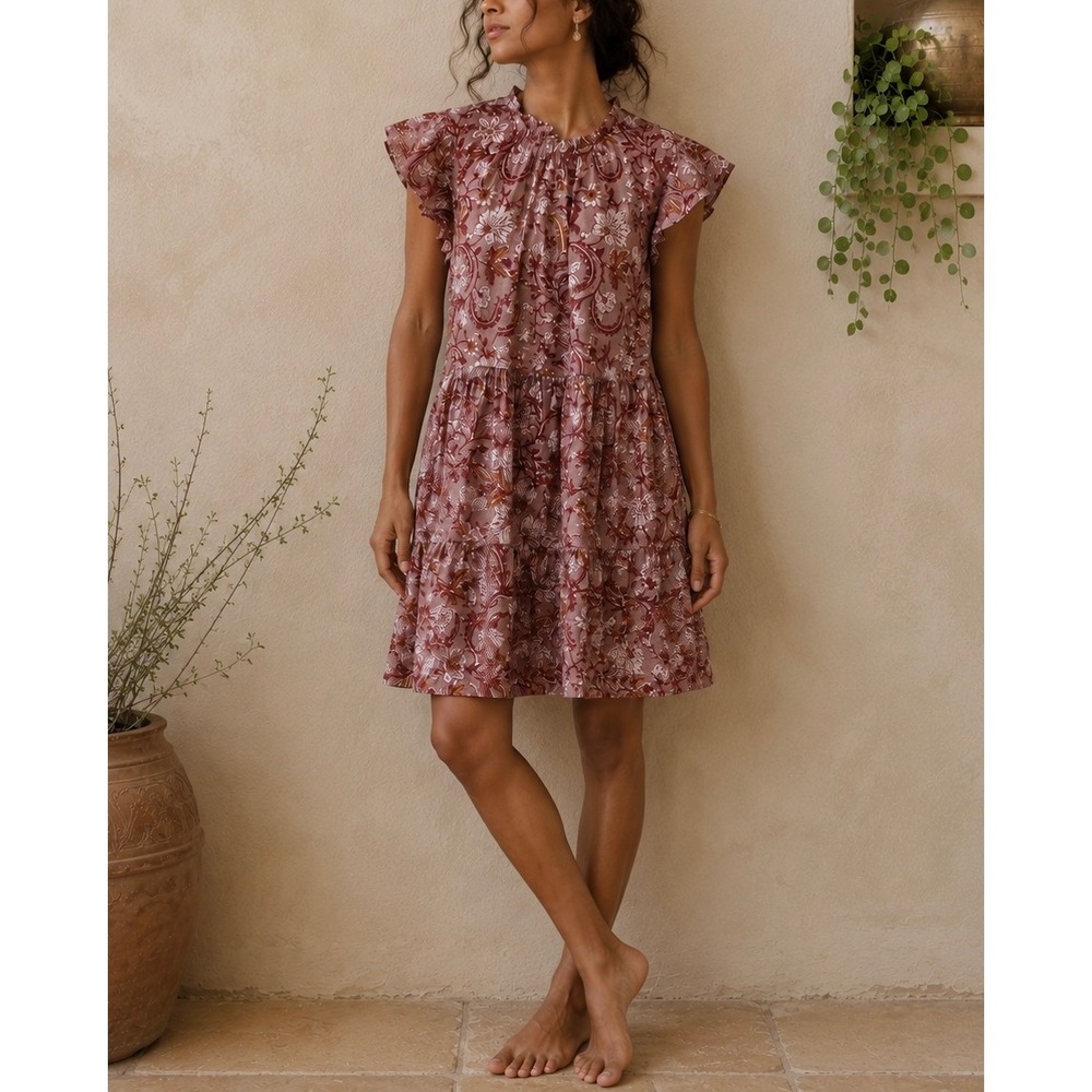 BINDU Silvia Floral Tiered Cotton Mini Dress in Purple Poppy Poppy Mauve Boho